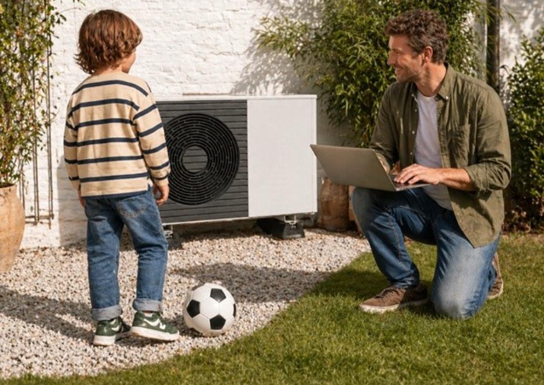 Warmtepomp op buitengevel, vader en zoon aan het spelen met bal