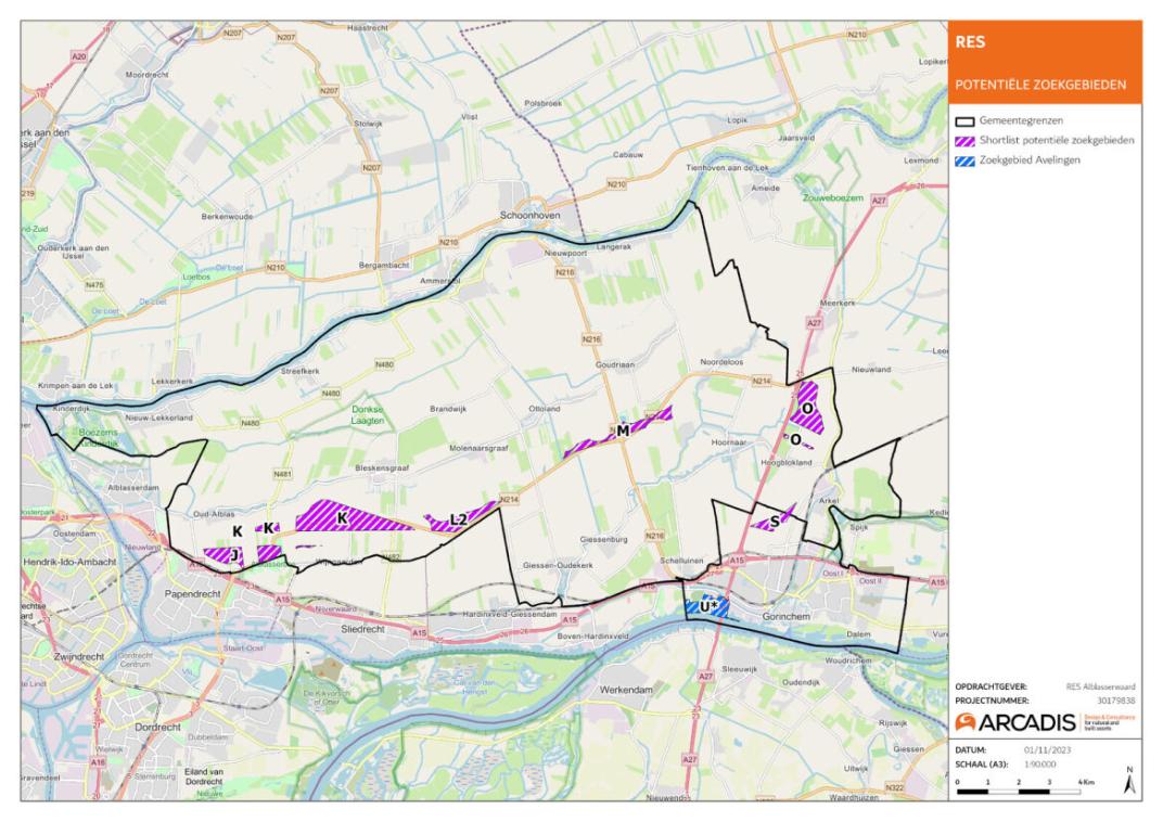 Illustratie van kaart met de paars gearceerde gebieden die mogelijke locaties voor windmolens zijn